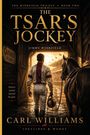 "THE TSAR'S JOCKEY: A Novel of Jimmy Winkfield" steht groß geschrieben. Ein Jockey mit Pferd blickt auf eine Rennbahn.