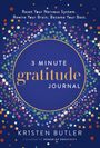 Dunkelblaues Cover mit bunten Punkten, Haupttext: "3 Minute Gratitude Journal" von Kristen Butler.