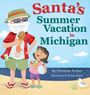 „Santa’s Summer Vacation in Michigan“. Illustration: Santa mit Eis, Mädchen mit Volleyball am Strand, Möwe daneben.