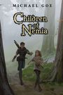 "Children of Nemia" von Michael Goe. Eine Illustration zeigt zwei Menschen, die durch einen Wald laufen.