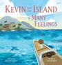 „KEVIN and the ISLAND of MANY FEELINGS“ in großen Buchstaben. Illustration: Ein Kind sitzt in einem Boot auf dem Meer.