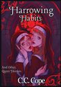 „Harrowing Habits“ und „C.C. Cope.“ Zwei Nonnen, eine umarmt die andere, vor gotischem Fenster in Rot- und Violetttönen.