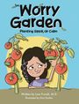 "The Worry Garden: Planting Seeds of Calm" Illustration. Ein Mädchen pflückt Tomaten, umgeben von grünen Raupen.