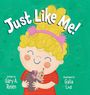 „Just Like Me!“ Ein Kind mit blonden Haaren hält glücklich einen Igel. Grün, fröhliches Design.