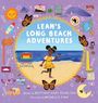 „LEAH'S LONG BEACH ADVENTURES“, Illustration mit Mädchen am Strand umgeben von bunten Symbolen und Tieren.