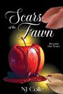 „Scars of the Fawn“, „Beyond Her Scars“, „NJ Colle“. Illustrierter Apfel mit fließender roter Flüssigkeit und Blättern.