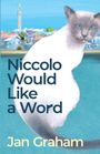 "Niccolo Would Like a Word" und "Jan Graham". Illustration einer Katze vor einer bunten Küstendorf-Szene.