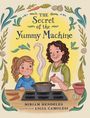 "THE Secret of the Yummy Machine". Illustration von einer Frau und einem Kind beim Kochen, umgeben von Gemüse und Gewürzen.