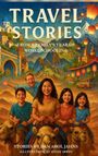 "TRAVEL STORIES. FROM A FAMILY'S YEAR OF WORLDSCHOOLING. Eine fröhliche Familie auf Kamelen vor fantasievoller Landschaft."