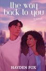Text: "the way back to you, a novel, HAYDEN FOX". Illustration: Zwei Personen in einer Stadtlandschaft bei Sonnenuntergang.