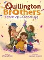 "The Quillington Brothers: Team Up to Clean Up!" Drei fröhliche Igel-Kinder mit Reinigungsutensilien in einer Illustration.