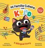 „Mi Familia Cubana con Kuro“, „Bilingual EN-SP“, Katze mit Maracas, Musiknoten, Gitarre, kubanische Flagge, Kakteen.