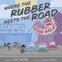 Eine Illustration mit großen Texten: "WHERE THE RUBBER MEETS THE ROAD," "CARS," "HUGE SALE." Ein riesiger lilafarbener Affe hält ein Sale-Banner.