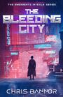 "The Bleeding City" von Chris Bannor. Ein futuristisches, neonbeleuchtetes Stadtbild mit einer Person im Mantel im Regen.