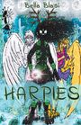 Text: "Bella Blasi", "HARPIES". Illustrationen von drei Figuren mit Flügeln, Schneefall im Hintergrund.