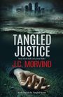 „Tangled Justice“ vom Autor J.C. Morvino. Frage: Was kann Macht verbergen? Eine Hand auf Gras, Skyline.