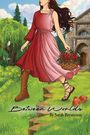 "Between Worlds By Sarah Brynteson". Eine Frau im roten Kleid auf Stufen, trägt Blumenkorb, Naturkulisse, Gebäude im Hintergrund.