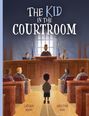 "The Kid in the Courtroom", ein Kind steht vor Gericht, umgeben von Erwachsenen, in einer Illustration.