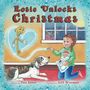 "Rosie Unlocks Christmas" in roten Buchstaben. Ein Mädchen kniet mit Hund, hält ein Bild. Draußen fliegen Rentiere vorbei. Ein goldener, lachender Schlüssel schwebt in der Luft und steht im Zentrum der Szene.