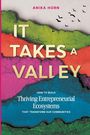 Text: "ANIKA HORN, IT TAKES A VALLEY, HOW TO BUILD Thriving Entrepreneurial Ecosystems THAT TRANSFORM OUR COMMUNITIES". Bunte Papierstruktur.