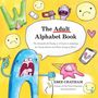 "The Adult Alphabet Book" steht im Zentrum, umgeben von bunten, fröhlichen Illustrationen und Gesichtern. 