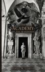 „THE ACADEMY OF THE WANDERER“ und „DANIEL M. COMITO“ auf prächtigem Torbogen. Mann steht in Tür, Raben fliegen darüber.
