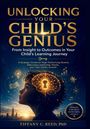 „Unlocking Your Child's Genius“: Kind seitlich mit leuchtendem Gehirn, Symbole von Wissen und Lernen umgeben es.