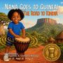 "Nana Goes to Guinea! The Road to Kindia. Follow the sound with Nana. Ein lächelndes Kind spielt Djembé vor einer Landschaft mit Hütten."