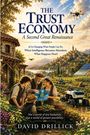 „The Trust Economy: A Second Great Renaissance. AI Is Changing What People Can Do. When Intelligence Becomes Abundant, What Happens Next?“ Ein futuristisches Dorf mit Naturlandschaft, Bauern und Technologie.