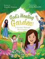 Text: "God's Healing Garden: A Journey Through His Creation." Illustration mit fröhlichen Menschen und bunten Blumen.