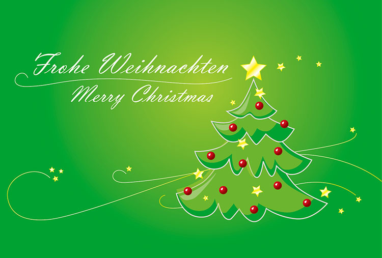 Gutscheinmotiv Weihnachten, Weihnachtbaum, Text: Frohe Weihnachten Merry Christmas