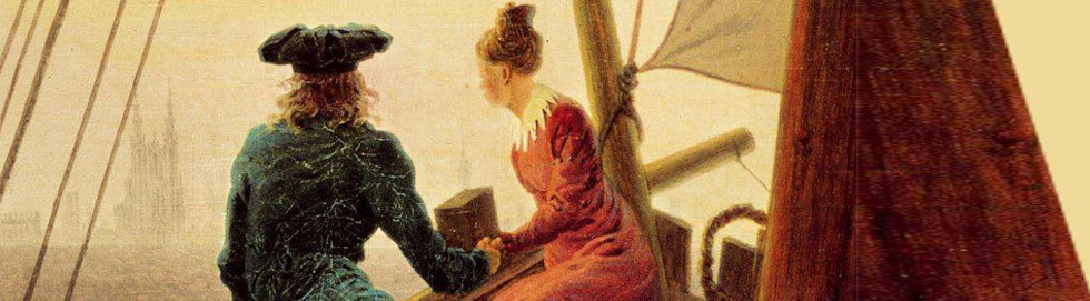 Gemaltes Bild: Mann und Frau auf einem Segelschiff